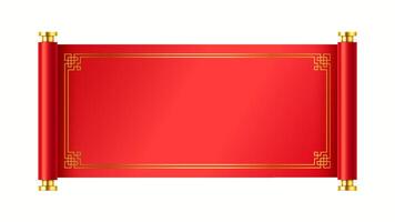 Ancient mockup Chinese scroll for New Year realistic illustration. Red Asian holiday manuscript with golden frame 3d object on white vector