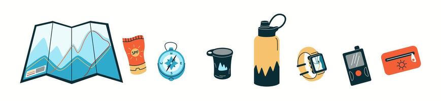 Necessary equipment for hiking flat color objects set. Touristic inventory with map and devices illustrations bundle on white background vector