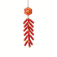 Colorful Asian firecrackers cluster with pendant realistic illustration. Asian Baozhu and Fu character fog holiday 3d object on white. Inscription on the badge is Luck vector