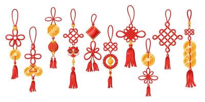 Traditional Chinese knots with tassels flat color objects set. Decorative talismans for luck illustrations bundle on white background vector