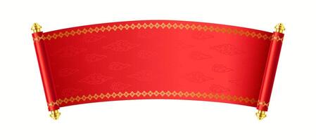 Festive Chinese hand-scroll with mockup design realistic illustration. Red oriental manuscript for holiday greeting 3d object on white vector