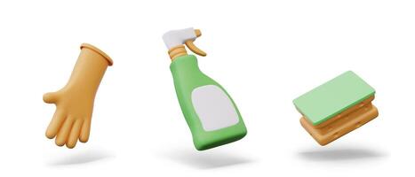 Isolated rubber glove, sponge, plastic bottle with spray nozzle and empty label vector