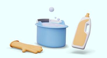 Bucket with soap foam, rubber glove, plastic bottle with detergent vector