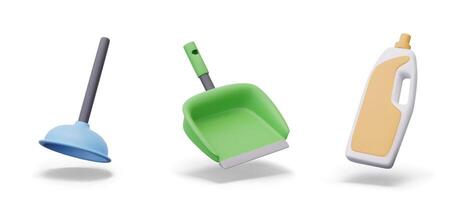 Realistic plunger, scoop, large bottle with handle and unbranded label vector