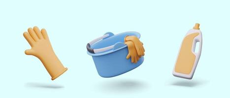 Realistic rubber glove, big bottle with handle and blank label, bucket with gloves vector