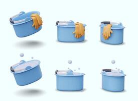 Plastic bucket with soap foam, rubber gloves. Set of isolated realistic models for cleaning concepts vector