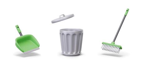 Set of realistic objects for cleaning. Scoop, metal bin with lid, plastic brush for sweeping vector