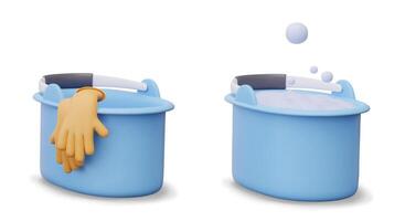 Plastic bucket with rubber gloves and soap foam. Set of realistic objects vector