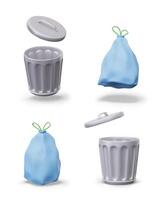 Round metal trash can with lid, trash bag with ties. Open aluminum container for household waste vector