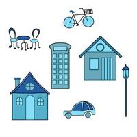 Set design of house lamp, car, bicycle, and table. Isolated blue object, it can be used for sticker or book cover vector
