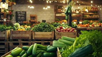 Fresco verde vegetales en de madera cajas en un tienda de comestibles almacenar, iluminado por calentar ligero bombillas video