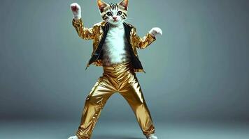 A playful cat dressed in a shiny gold jumpsuit and jacket poses against a grey backdrop. video