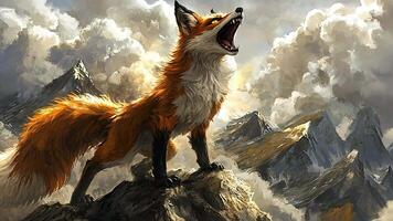 Majestic red fox howling atop a mountain peak, surrounded by dramatic clouds and rugged terrain. video