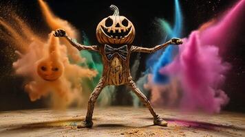 A pumpkin-headed figure with a bowtie is standing in a cloud of colorful powder on a dark background, with his arms outstretched. video