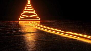 A glowing neon Christmas tree with a star on top and two lines of light trails on a black background. video