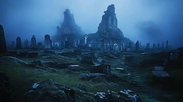 A foggy graveyard with old tombstones, crosses, and a ruined structure in the background. video