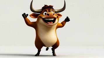 A cheerful cartoon bull with large horns and a big toothy grin, standing with its arms raised in the air. video
