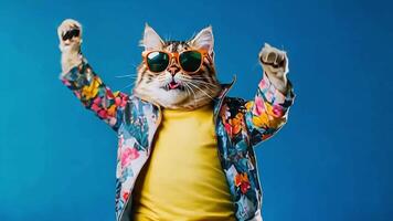 A cat wearing a colorful jacket and sunglasses poses with its arms in the air against a blue background. video