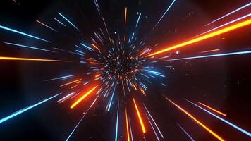 Abstract background with blue and orange light streaks radiating from the center in a dark background with scattered light particles. video