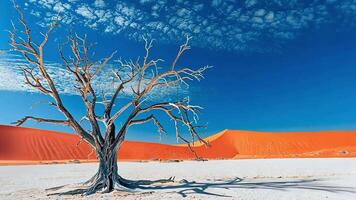 Dead tree in a desert landscape with red dunes under a blue sky with white clouds. video