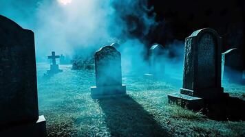 A row of headstones in a spooky graveyard, illuminated by an eerie blue light and shrouded in mist. video