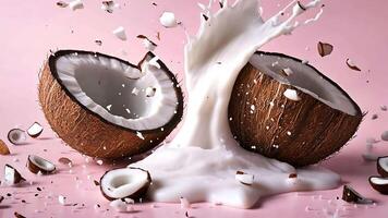 Fresh coconuts with a splash of milk on a pink background. video