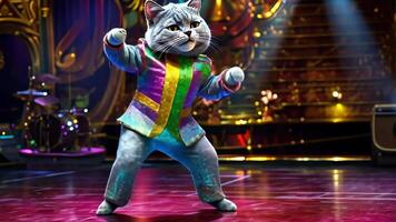 A cat dressed in a sequined costume performs a dance move on a stage. video