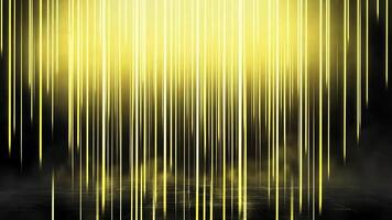 Abstract digital backdrop of vertical lines of light in yellow and gold on a black background with a blurry, rough surface in the foreground. video