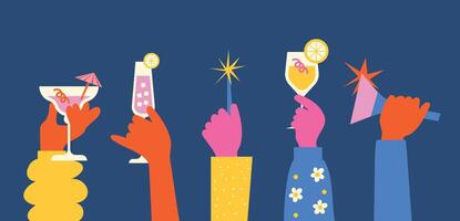 hands celebrating with drinks and party accessories vector