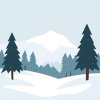 A serene winter landscape featuring snow-covered hills, tall evergreen trees, and a pale sun rising over distant mountains, with gentle snowfall adding to the tranquil scene. vector