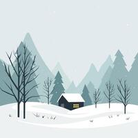 A serene winter landscape featuring snow-covered hills, tall evergreen trees, and a pale sun rising over distant mountains, with gentle snowfall adding to the tranquil scene. vector