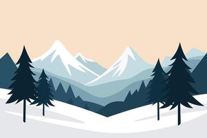 A serene winter scene featuring snowy hills, leafless trees, and evergreen pines under a light snowfall. vector