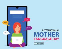 illustration graphic of a woman uses a laptop, displays a smartphone and speech bubbles, perfect for international day, mother language day, celebrate, greeting card, etc. vector