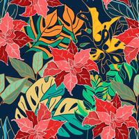 Seamless tropical pattern with poinsettia and exotic leaves vector