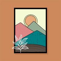 Stylized mountain landscape with trees and a setting sun in warm tones, creating a serene atmosphere vector