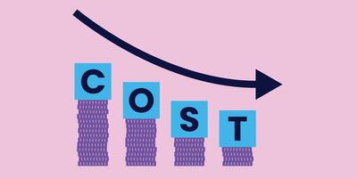 Cost reduction illustration with stacked coins and downward arrow. Symbolizing cost reduction, efficiency, and financial savings. vector