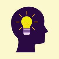 A minimalist illustration of a glowing light bulb inside a human head silhouette on a yellow background, representing innovation, creativity, and brainstorming. vector