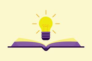 A shining light bulb above an open book with a shining beam of light symbolizes learning, knowledge and brilliant ideas. vector
