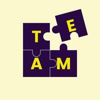 The word TEAM shown on interconnected purple puzzle pieces, symbolizing unity and teamwork on a light yellow background. vector