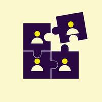Illustration of four human icons on purple puzzle pieces, representing team members, connection, and collaboration on a light yellow background. vector
