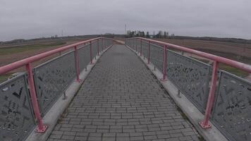 A beautiful and serene view of a quaint bridge pathway surrounded by an expansive open field under a cloudy sky video
