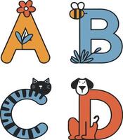 Cute alphabet letters cartoon animals colorful children's illustration. vector