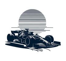 A racing car on the beach with the sun in the background vector