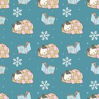 Pastel Groovy Retro Winter Bookish Cat Sleeping Seamless Pattern Hand Drawn Cartoon vector