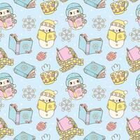 Cute Groovy Retro Winter Bookish Snowman Reading Seamless Pattern with Hand Drawn Cartoon vector