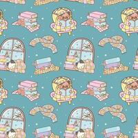 Pastel Groovy Retro Winter Bookish Cat Reading Seamless Pattern Hand Drawn Cartoon vector