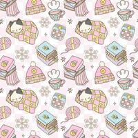 Cute Groovy Retro Cozy Winter Bookish Sleeping Cat Seamless Pattern with Hand Drawn Cartoon vector