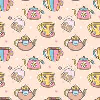 Cute Groovy Retro Tea cup and pot Seamless Pattern Isolated on Background vector