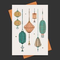 Chinese new year with various lanterns ornament. Design template for poster, greeting card, banner. vector