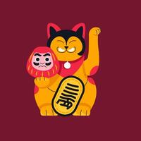 Golden lucky cat with daruma vector